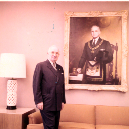 Former President Harry S. Truman stands beside his Masonic portrait in ...