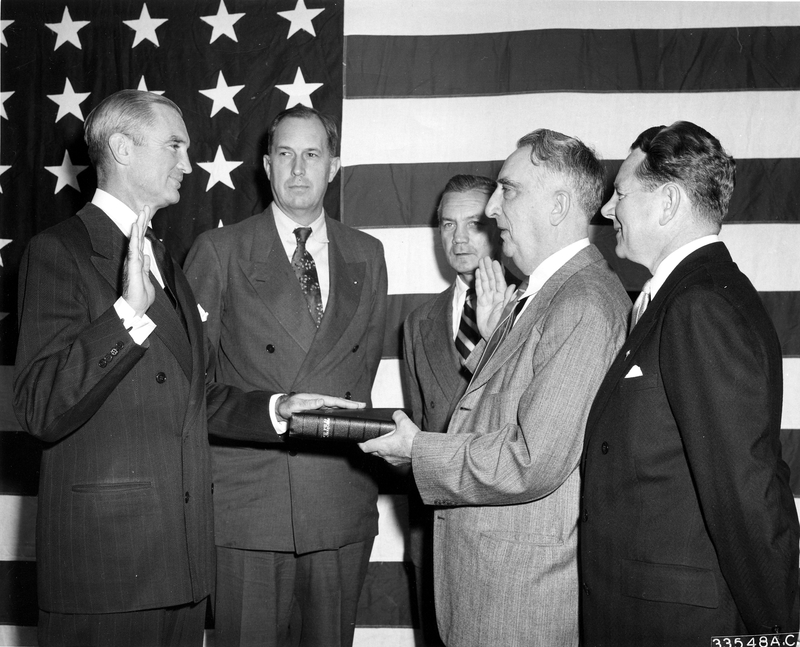 Stuart Symington shown taking the oath of office as Secretary of the ...