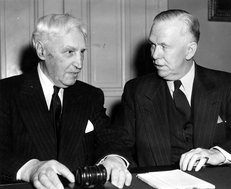 Photo of Secretary of State George C. Marshall (right) talking to Rep ...