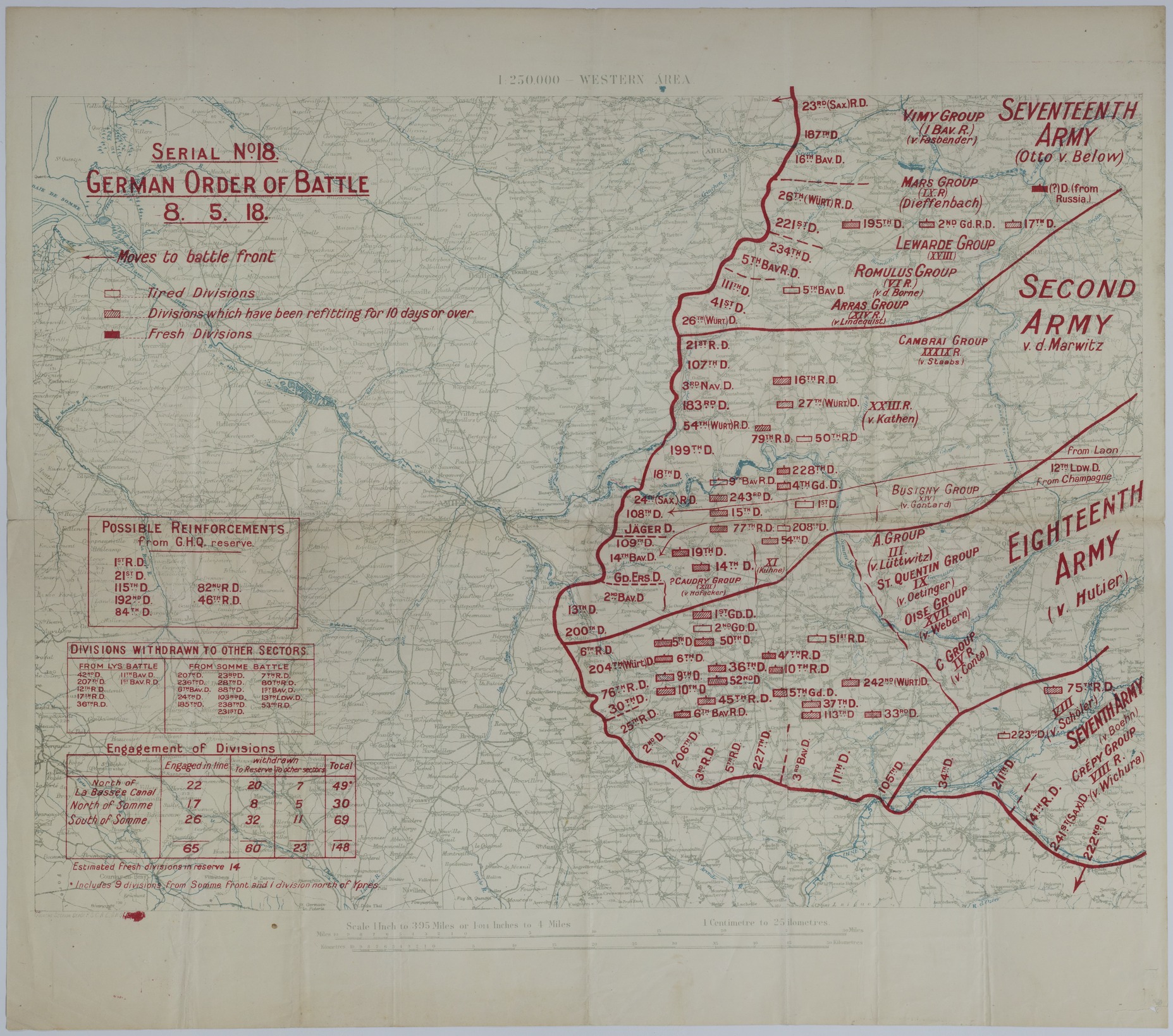 Map of the Positions and Movement of German Divisions During the Spring Offensive