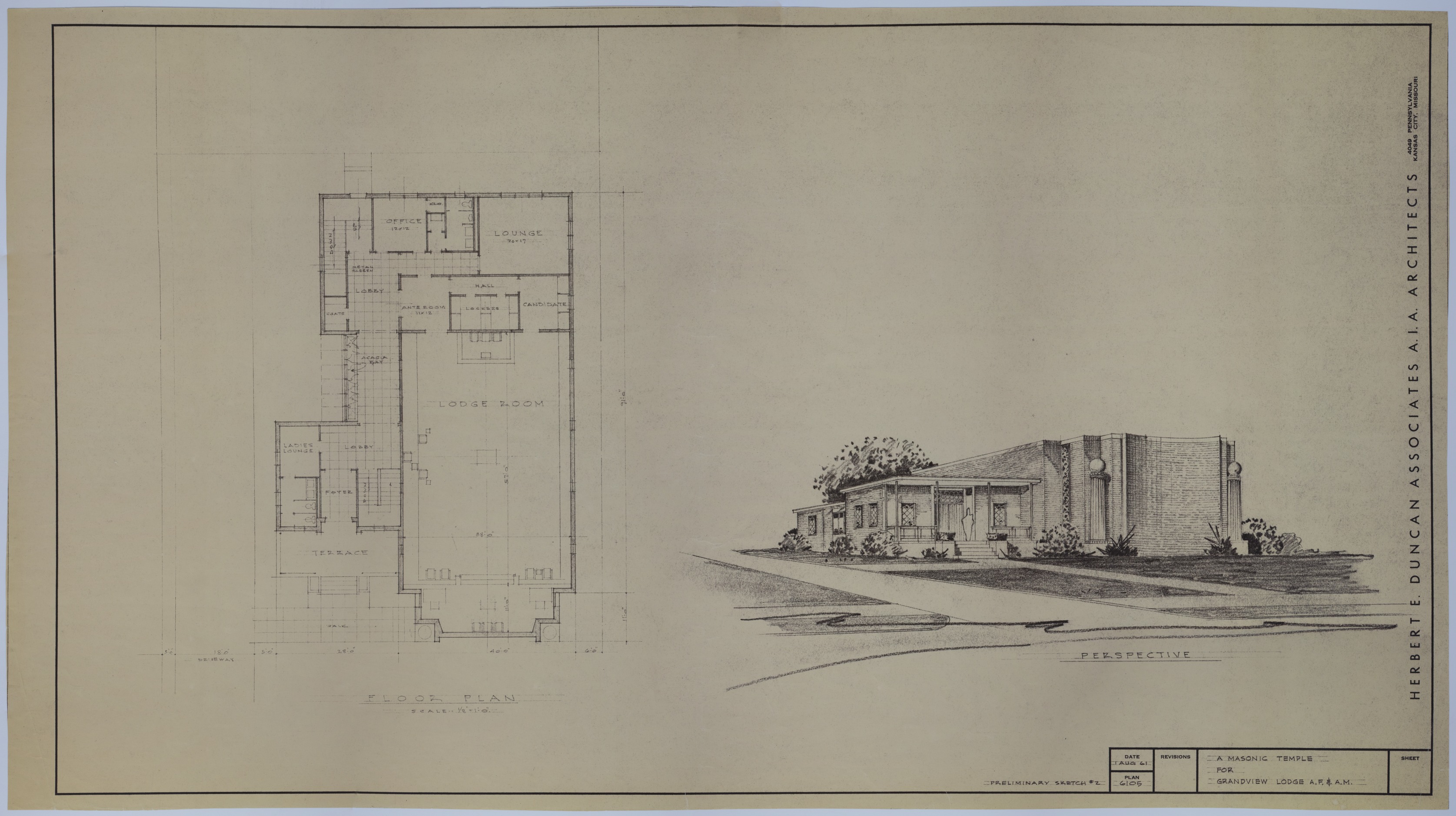 Drawing of a Planned Masonic Temple in Grandview, Missouri