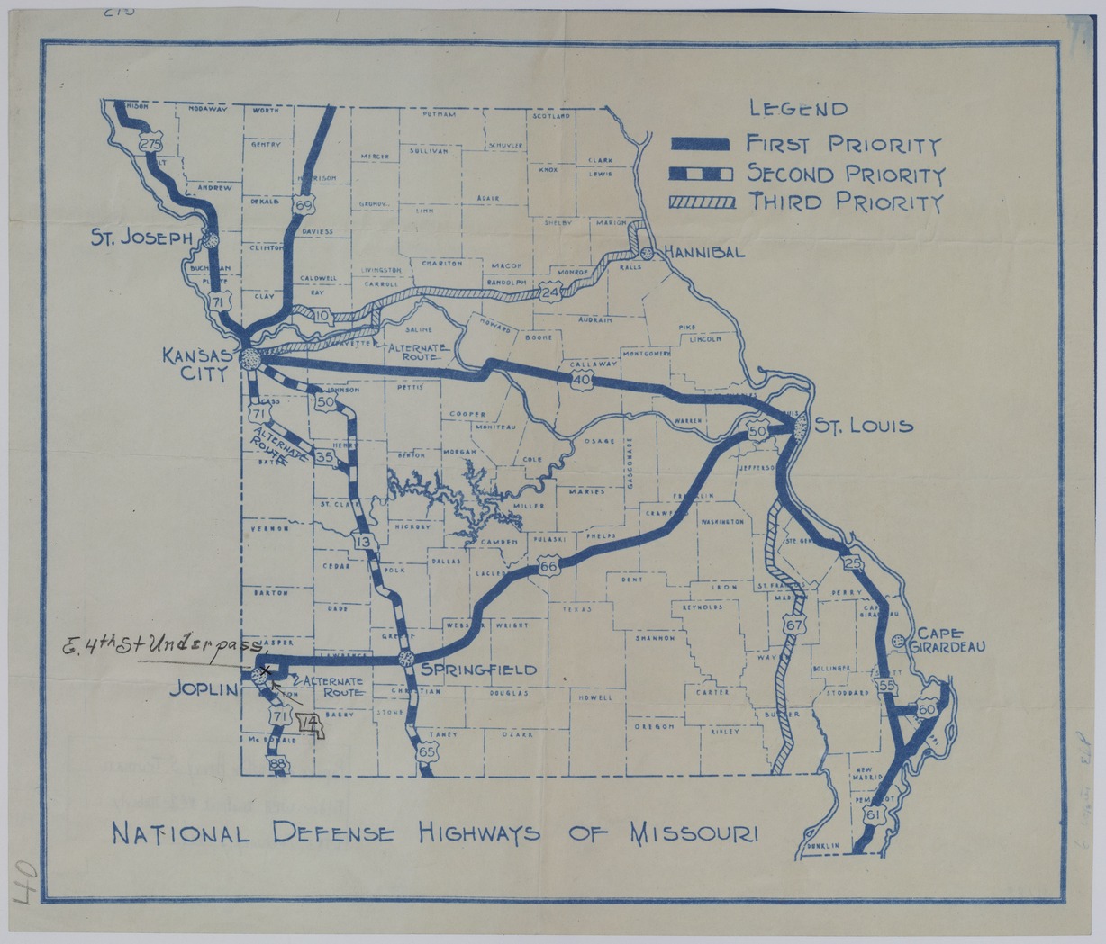 Map of National Defense Highways in Missouri