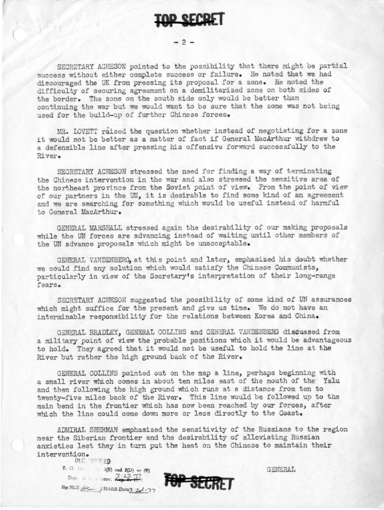 Memorandum of Conversation Secretary of Defense General George Marshall, Averell Harriman, Robert Lovett, General Omar Bradley, Admiral Forrest Sherman, General J. Lawton Collins, General Hoyt Vandenberg, Secretary of the Army Frank Pace, Dean Rusk, H. Fr