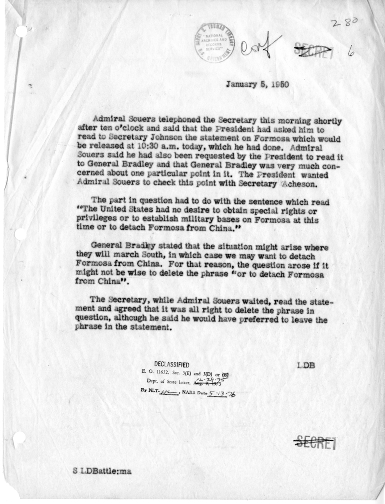 Memorandum of Telephone Conversation with Admiral Sidney Souers