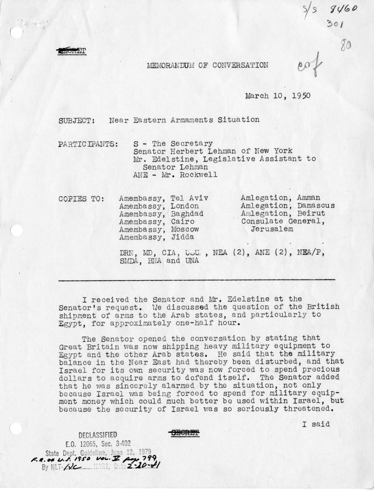 Memorandum of Conversation with Senator Herbert Lehman of New York, Mr. Edelstine (Senator Lehman's Legislative Assistant), and Stuart Rockwell