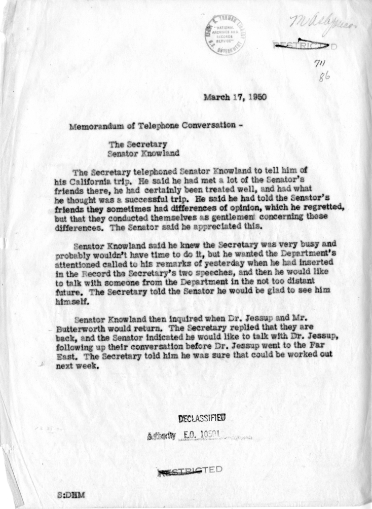 Memorandum of Telephone Conversation with Senator William Knowland