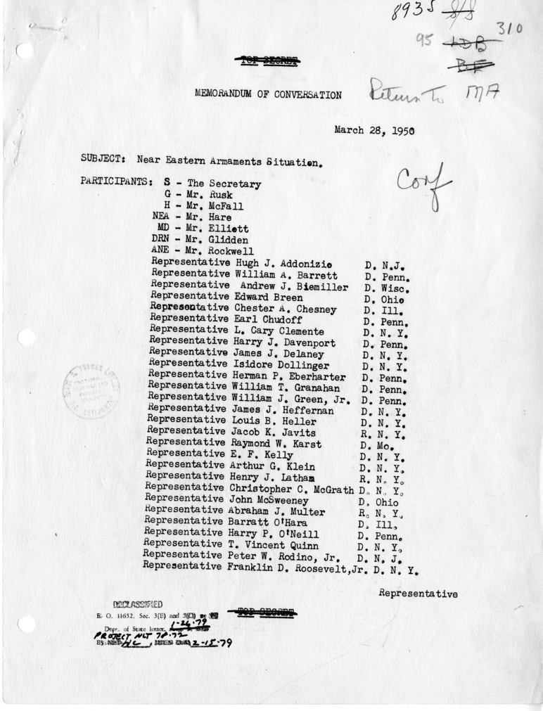 Memorandum of Conversation with Representative Anthony Tauriello, Numerous Other Representatives, and Members of the Department