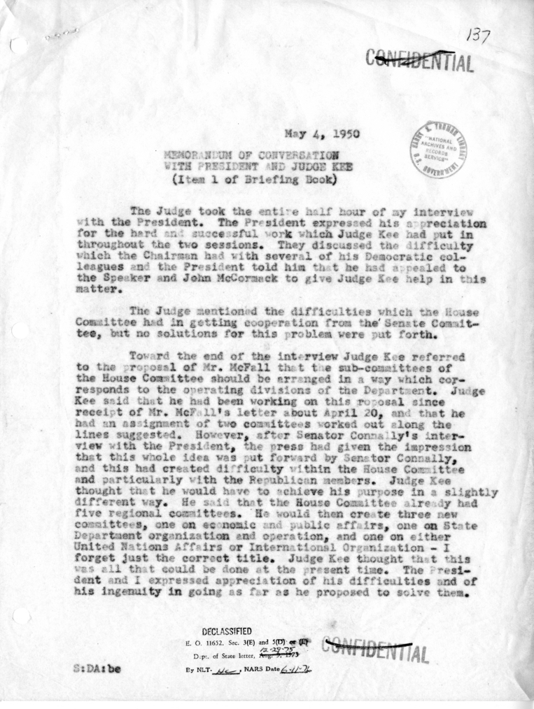 Memorandum of Conversation with President Harry S. Truman and Judge John Kee