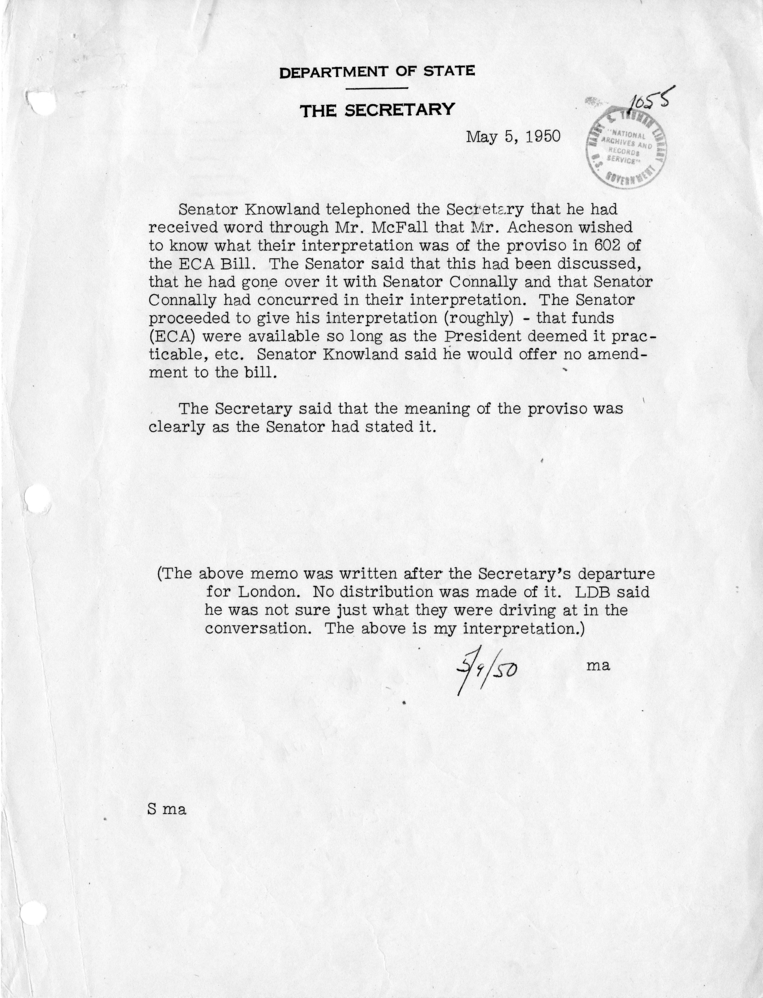 Memorandum of Telephone Conversation with Senator William F. Knowland