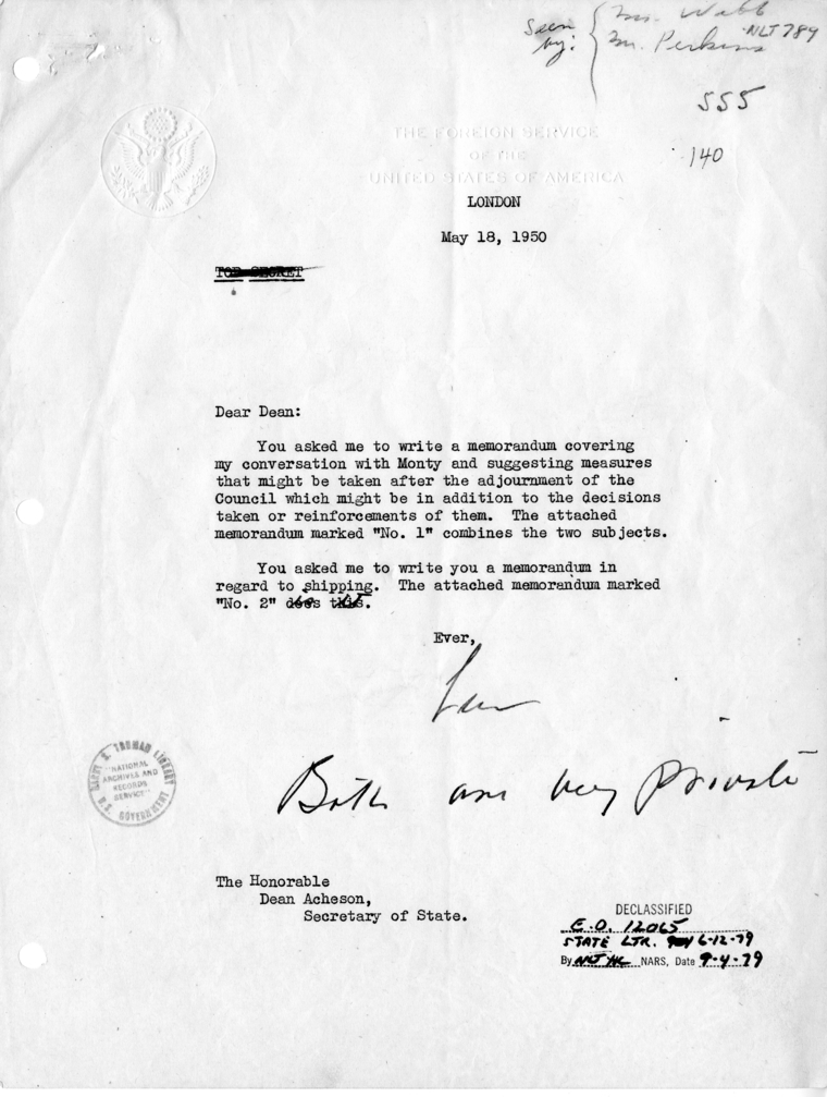 Letter from Ambassador Lewis Douglas to Dean Acheson, with Attached Memorandum