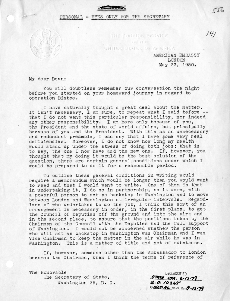 Letter from Lewis Douglas to Dean Acheson