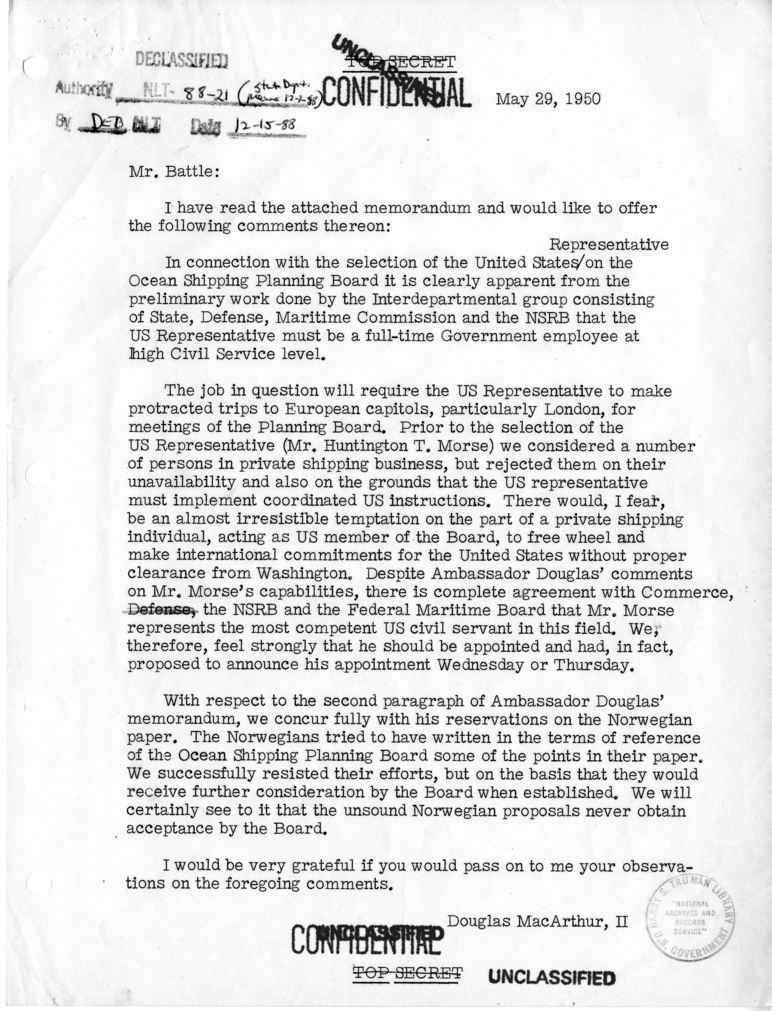 Memorandum from Douglas MacArthur to Lucius D. Battle