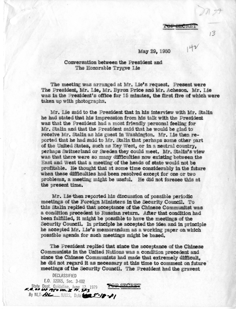 Memorandum of Conversation with President Harry S. Truman, Trygve Lie and Mr. Byron Price