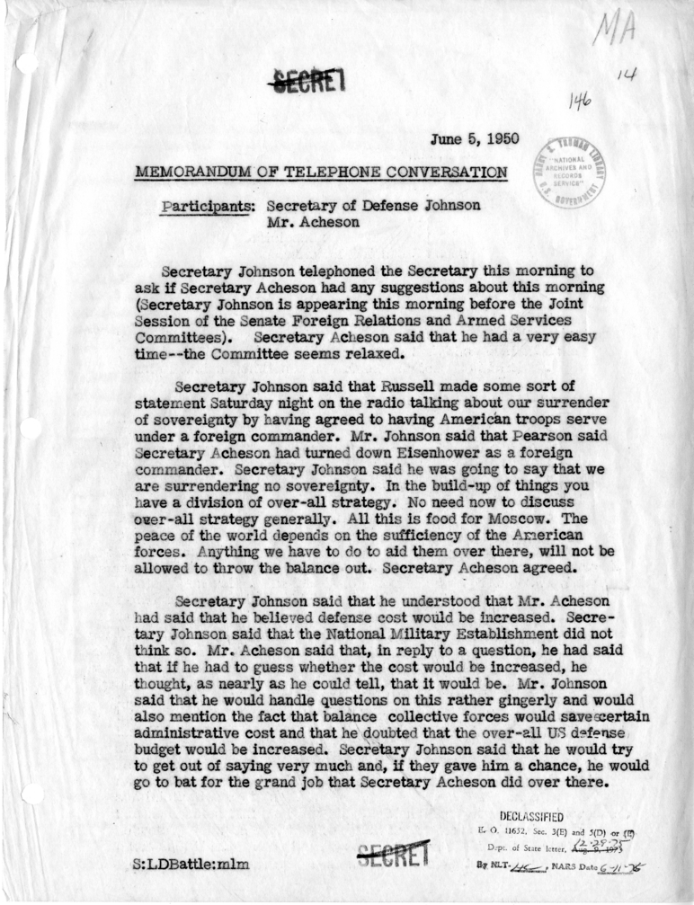 Memorandum of Telephone Conversation with Secretary of Defense Louis Johnson