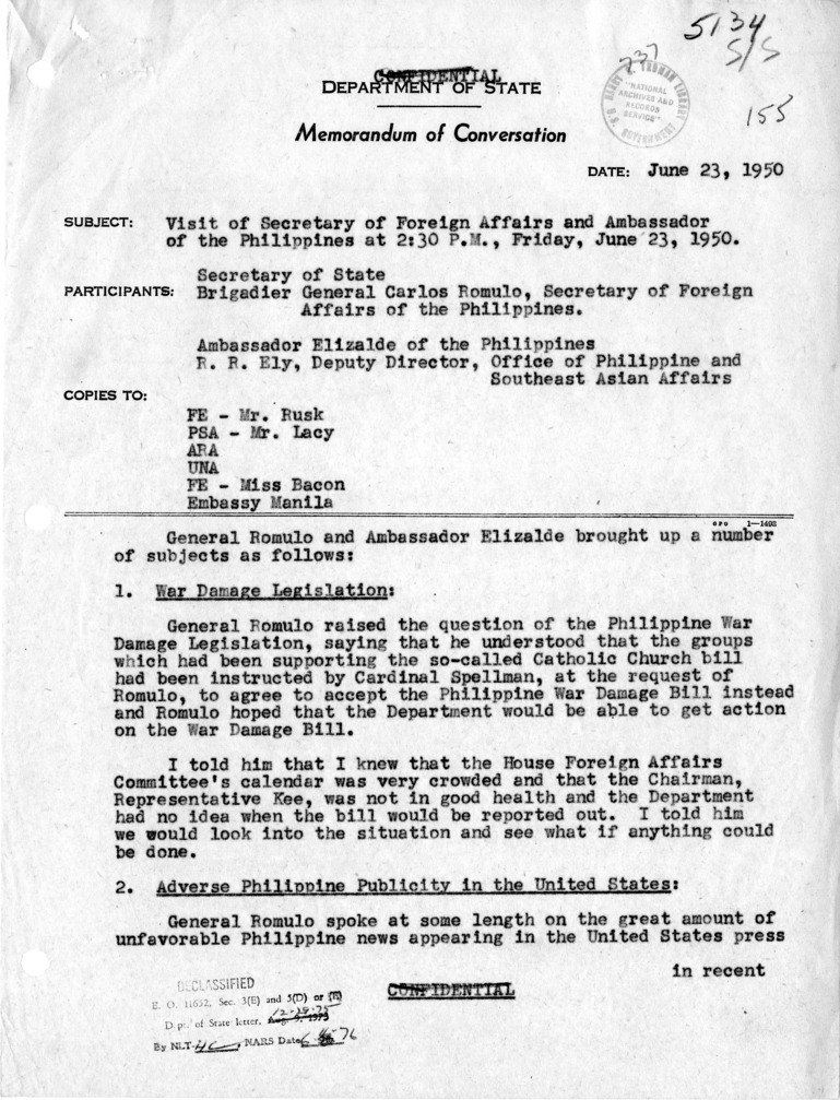 Memorandum of Conversation with Carlos Romulo, Secretary of Foreign Affairs of the Philippines; Ambassador Joaquin Elizalde of the Philippines; and Richard R. Ely