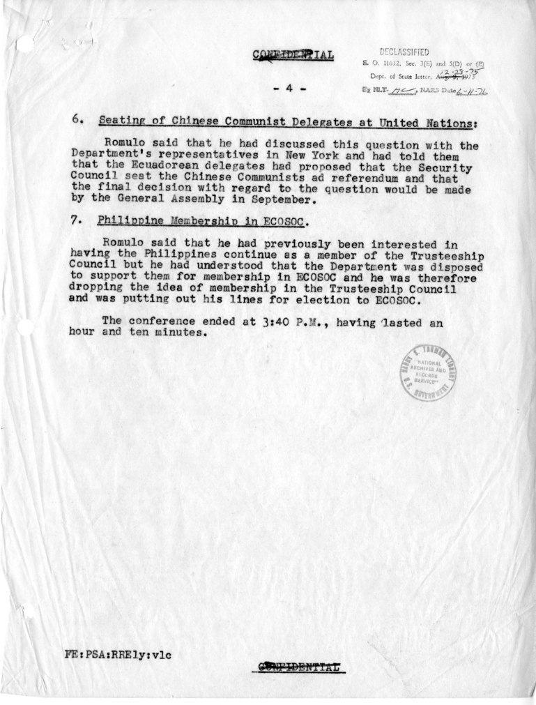 Memorandum of Conversation with Carlos Romulo, Secretary of Foreign Affairs of the Philippines; Ambassador Joaquin Elizalde of the Philippines; and Richard R. Ely