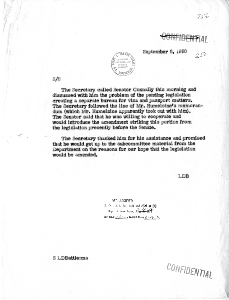Memorandum of Telephone Conversation with Senator Tom Connally