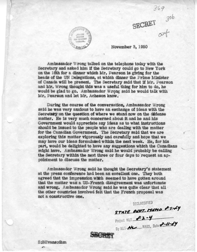 Memorandum of Telephone Conversation with Ambassador Hume Wrong of Canada