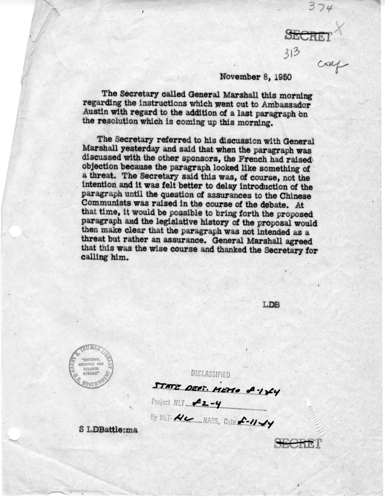 Memorandum of Telephone Conversation with Secretary of Defense General George C. Marshall