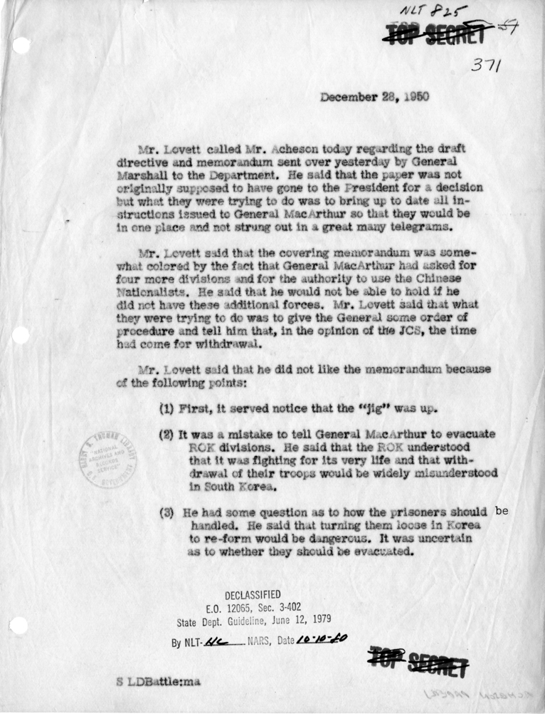 Memorandum of Telephone Conversation with Robert Lovett