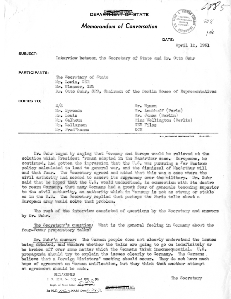 Memorandum of Conversation with Jeffrey Lewis, Mr. Wiesner, and Dr. Otto Shur, Chairman of the Berlin, Germany House of Representatives