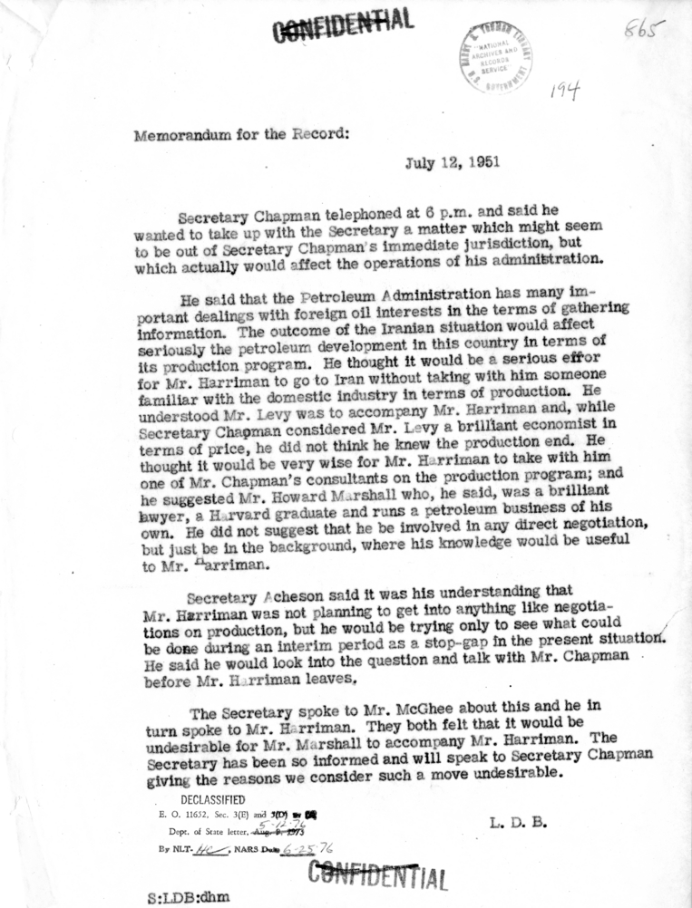 Memorandum of Telephone Conversation with Secretary of the Interior Oscar Chapman