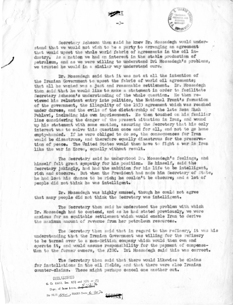 Memorandum of Conversation with Prime Minister Mohammad Mosaddeq of Iran, Assistant Secretary of State George C. McGhee, Paul Nitze and Lieutenant Colonel Walters