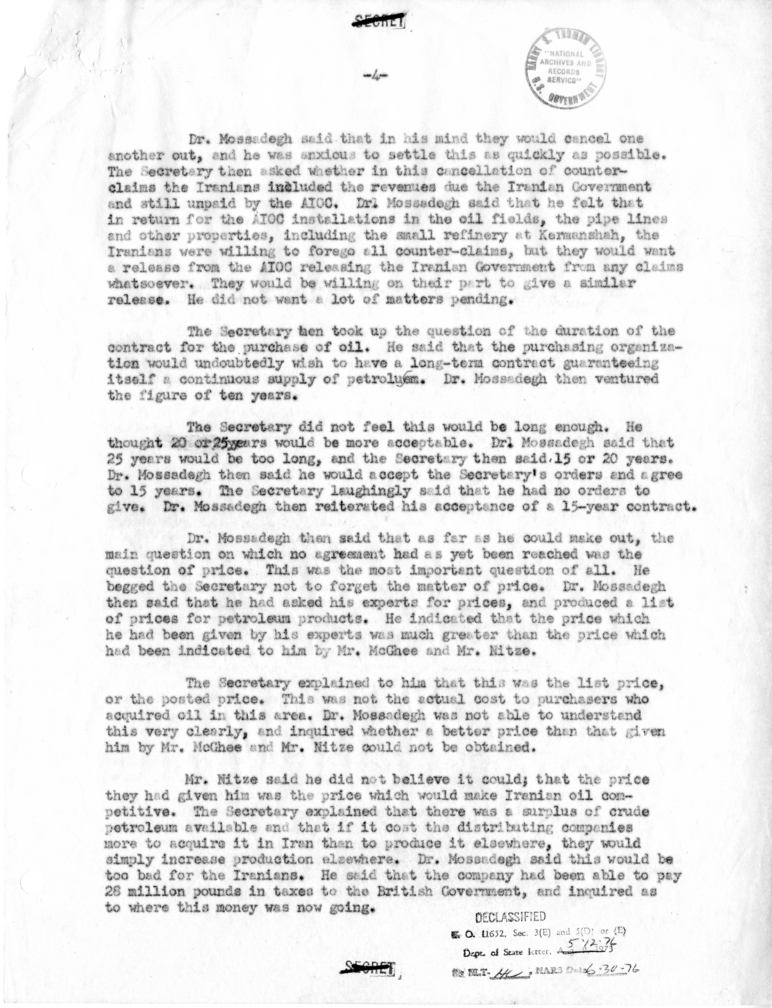 Memorandum of Conversation with Prime Minister Mohammad Mosaddeq of Iran, Assistant Secretary of State George C. McGhee, Paul Nitze and Lieutenant Colonel Walters