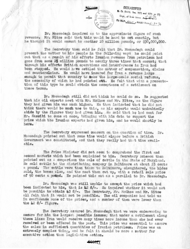 Memorandum of Conversation with Prime Minister Mohammad Mosaddeq of Iran, Assistant Secretary of State George C. McGhee, Paul Nitze and Lieutenant Colonel Walters