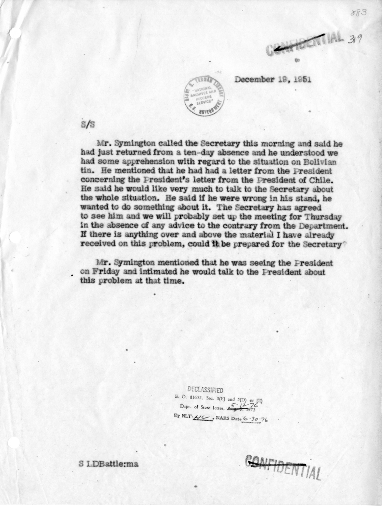 Memorandum of Telephone Conversation with W. Stuart Symington