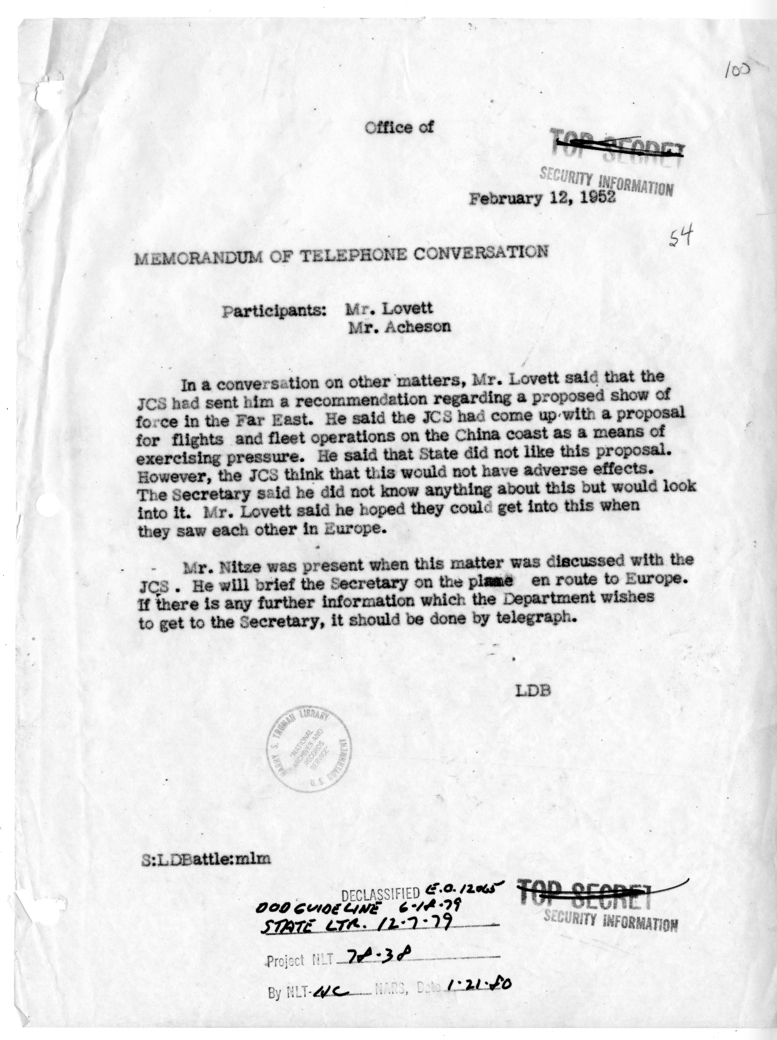 Memorandum of Telephone Conversation with Secretary of Defense Robert Lovett