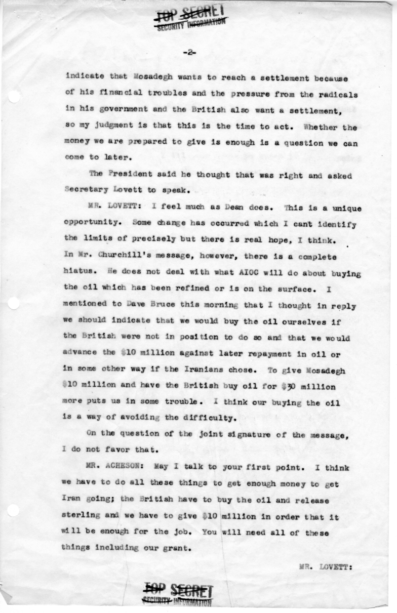 Minutes of Meeting with President Harry S. Truman, Secretary of Defense Robert Lovett, Averell Harriman, David Bruce, Henry Byroade and C. Vaughan Ferguson