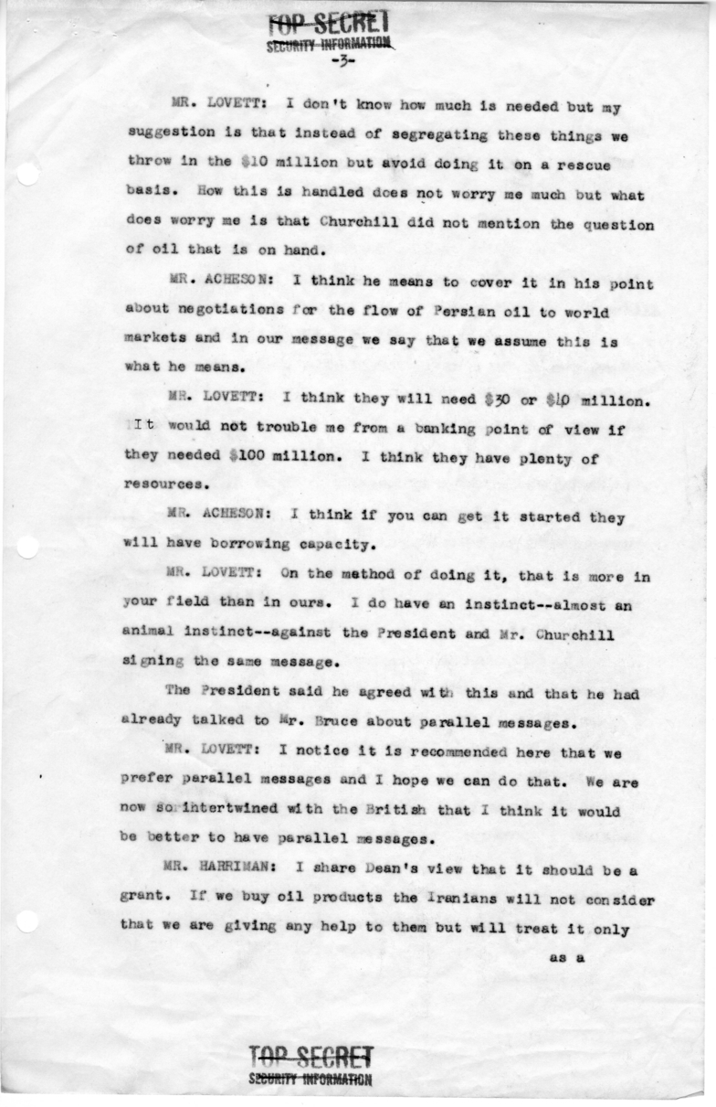 Minutes of Meeting with President Harry S. Truman, Secretary of Defense Robert Lovett, Averell Harriman, David Bruce, Henry Byroade and C. Vaughan Ferguson