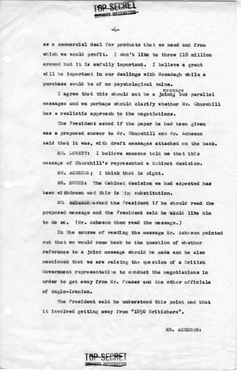 Minutes of Meeting with President Harry S. Truman, Secretary of Defense Robert Lovett, Averell Harriman, David Bruce, Henry Byroade and C. Vaughan Ferguson