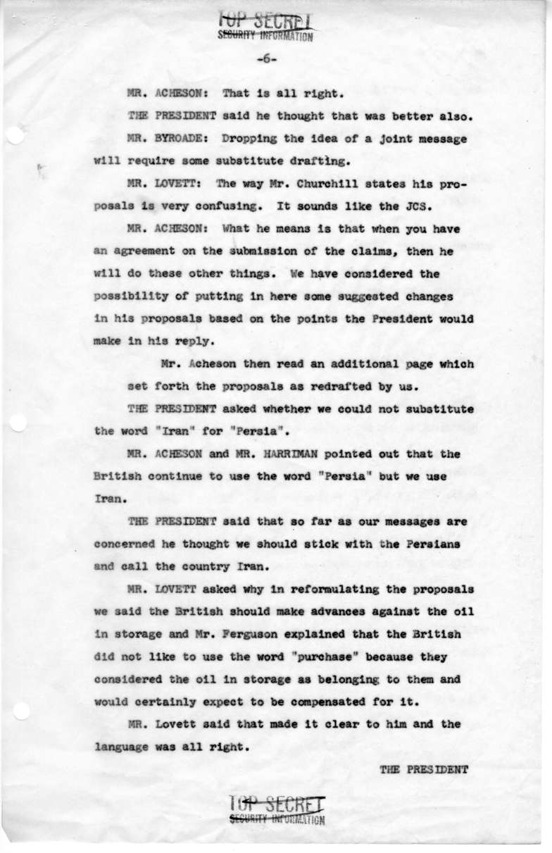 Minutes of Meeting with President Harry S. Truman, Secretary of Defense Robert Lovett, Averell Harriman, David Bruce, Henry Byroade and C. Vaughan Ferguson