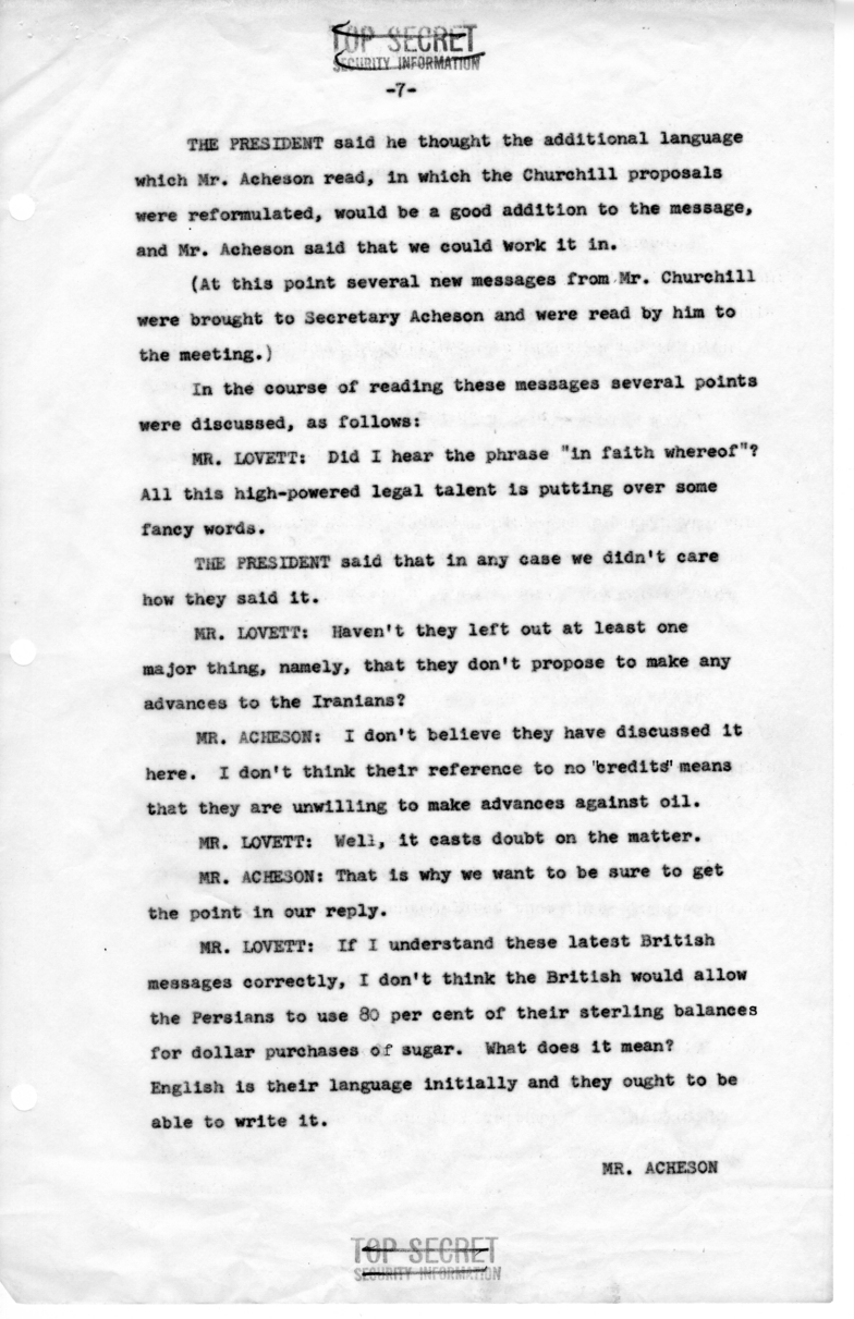 Minutes of Meeting with President Harry S. Truman, Secretary of Defense Robert Lovett, Averell Harriman, David Bruce, Henry Byroade and C. Vaughan Ferguson