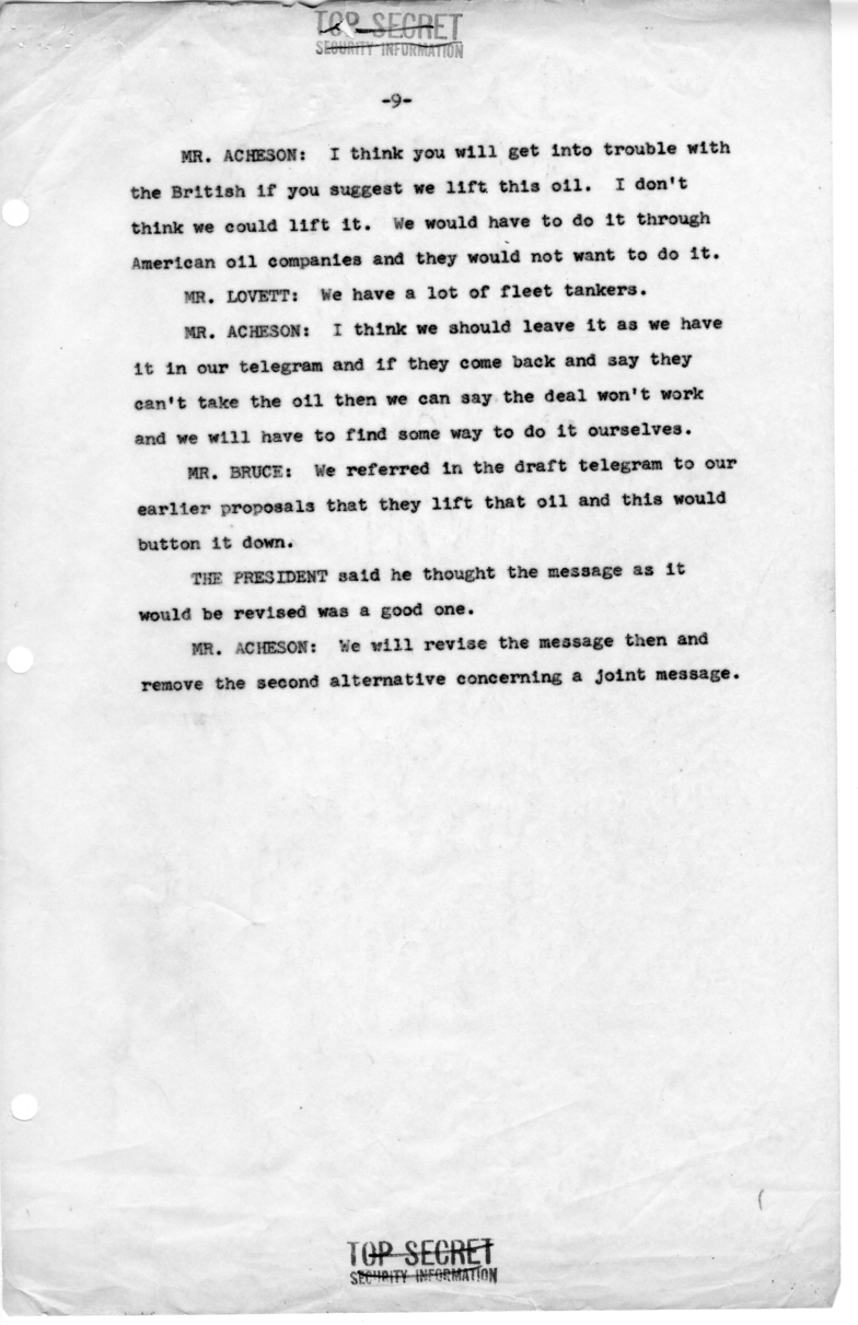 Minutes of Meeting with President Harry S. Truman, Secretary of Defense Robert Lovett, Averell Harriman, David Bruce, Henry Byroade and C. Vaughan Ferguson