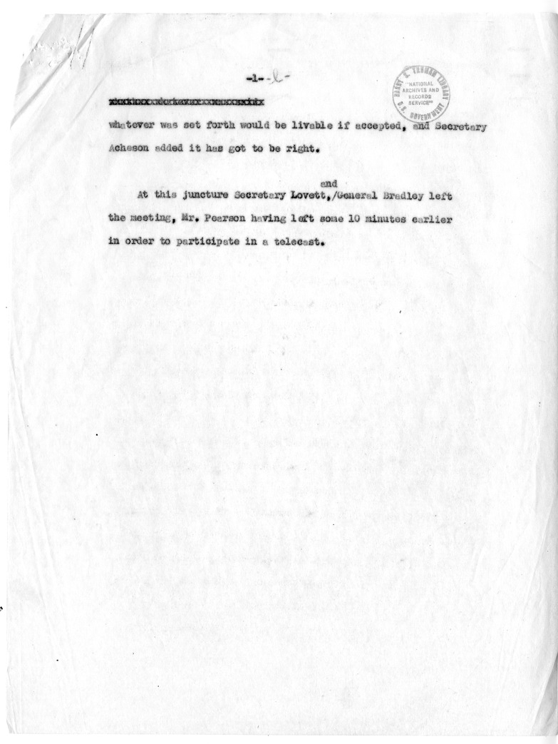 Draft Memorandum of Meeting of Secretary of State Dean Acheson, Secreatary of Defense Robert Lovett, General Omar Bradley, Selwyn Lloyd, Lester Pearson, and Ambassador Cross