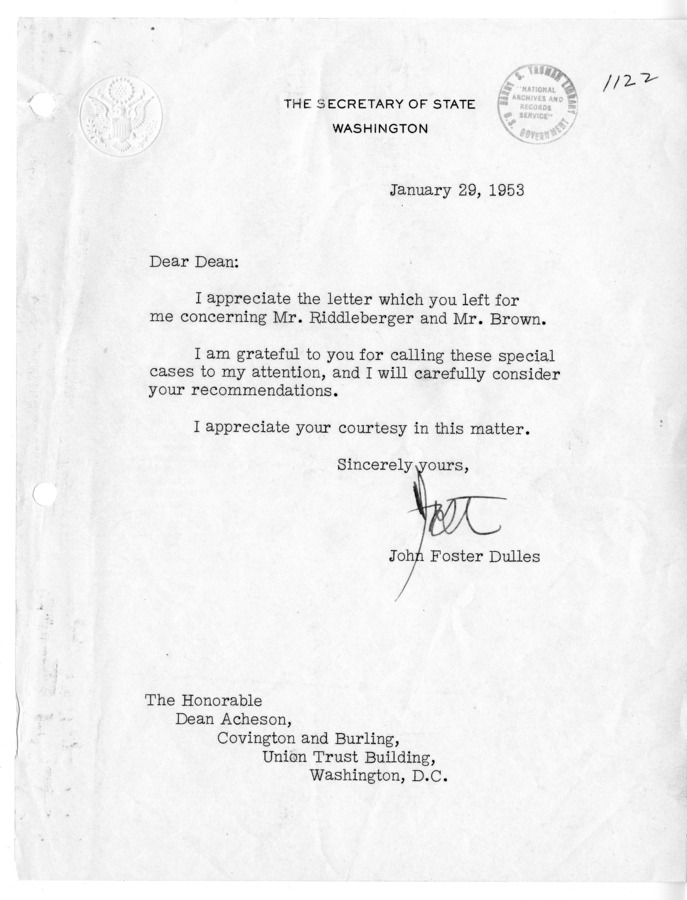 Letter from John Foster Dulles to Dean Acheson