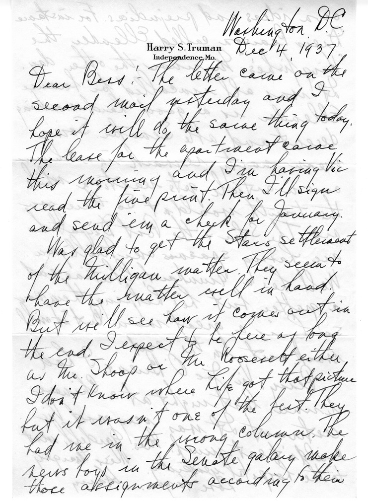 Letter from Harry S. Truman to Bess W. Truman