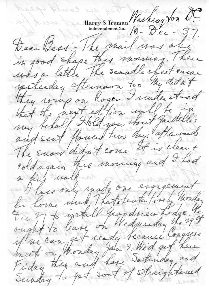 Letter from Harry S. Truman to Bess W. Truman