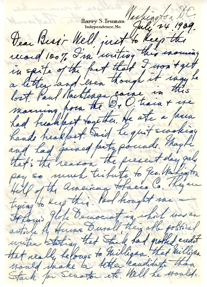 Letter from Harry S. Truman to Bess W. Truman