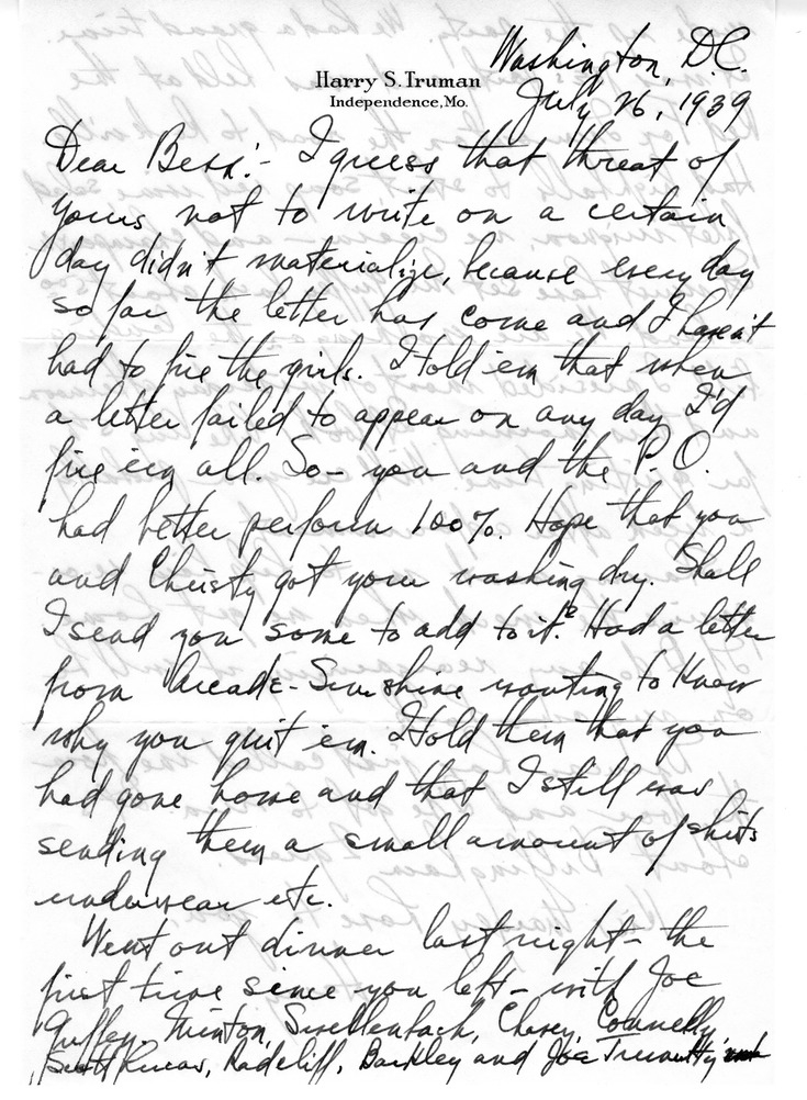 Letter from Harry S. Truman to Bess W. Truman