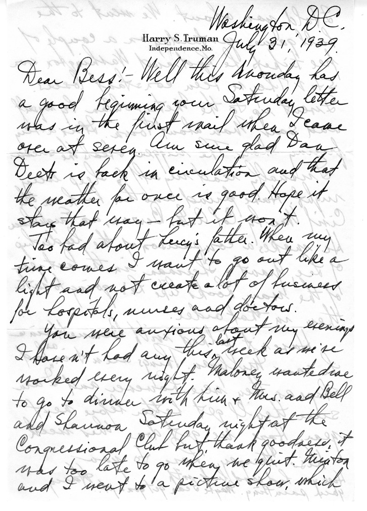 Letter from Harry S. Truman to Bess W. Truman