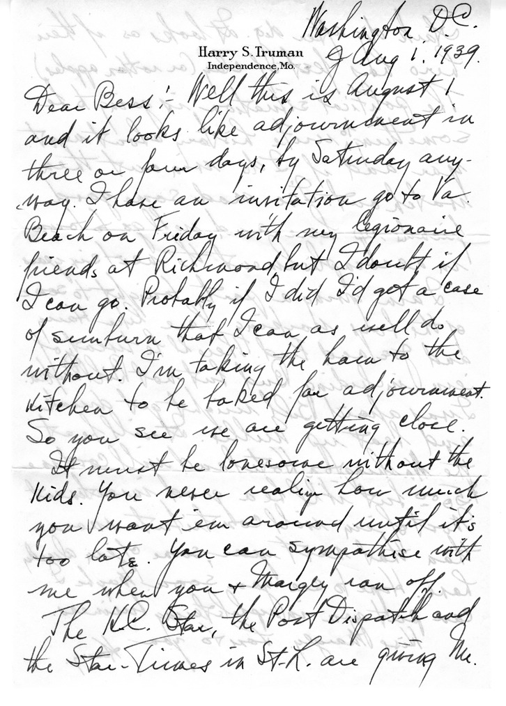 Letter from Harry S. Truman to Bess W. Truman