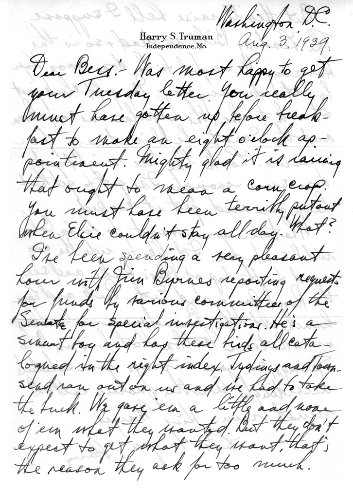 Letter from Harry S. Truman to Bess W. Truman