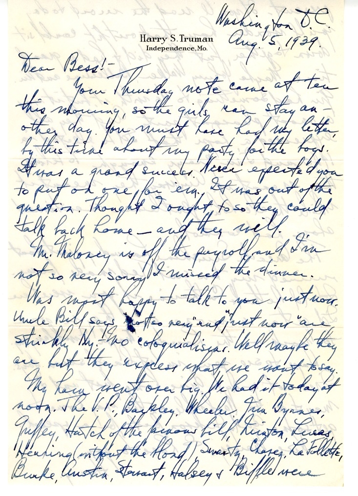 Letter from Harry S. Truman to Bess W. Truman