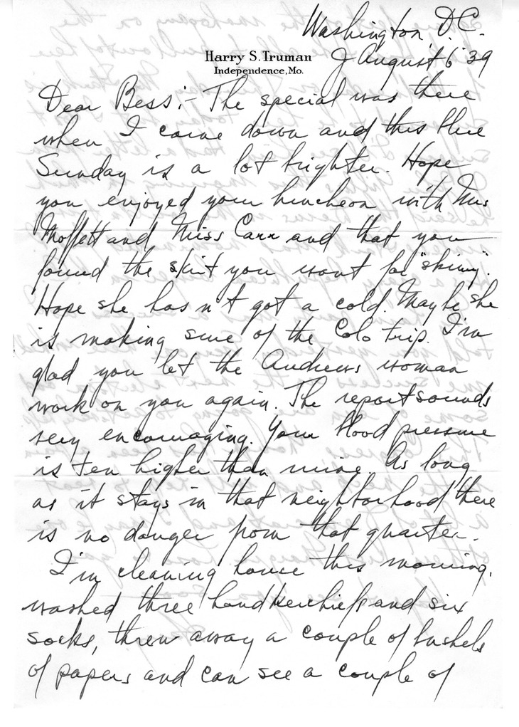 Letter from Harry S. Truman to Bess W. Truman