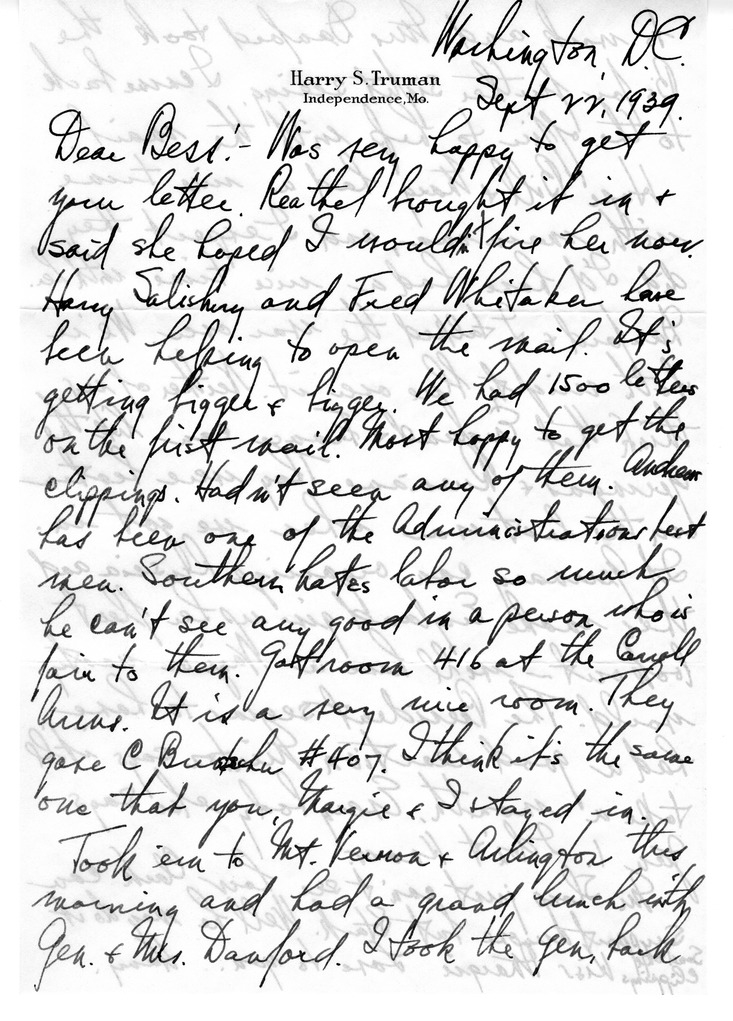 Letter from Harry S. Truman to Bess W. Truman