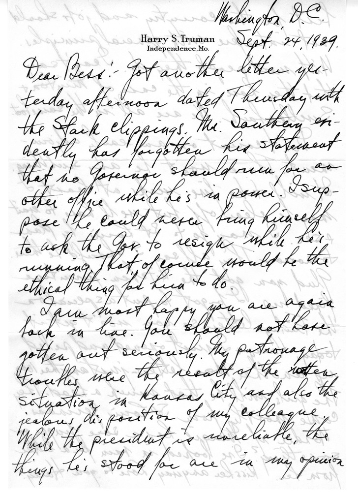 Letter from Harry S. Truman to Bess W. Truman